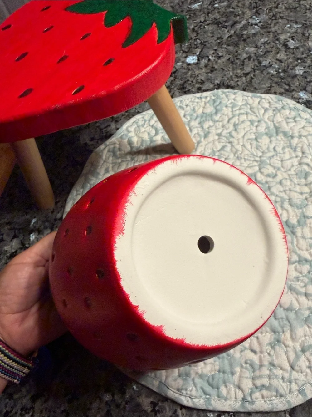 Strawberry Ceramic Planter and strawberry stool Set - Red & Green